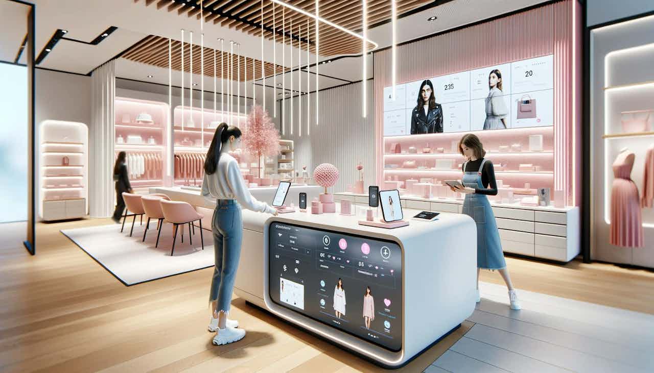 Shoppers browsing a pink-themed retail store using clienteling technology