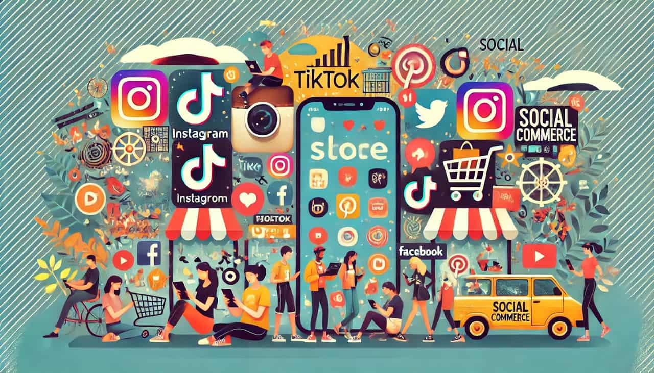 A crowded collection of social media icons next to people doing online shopping