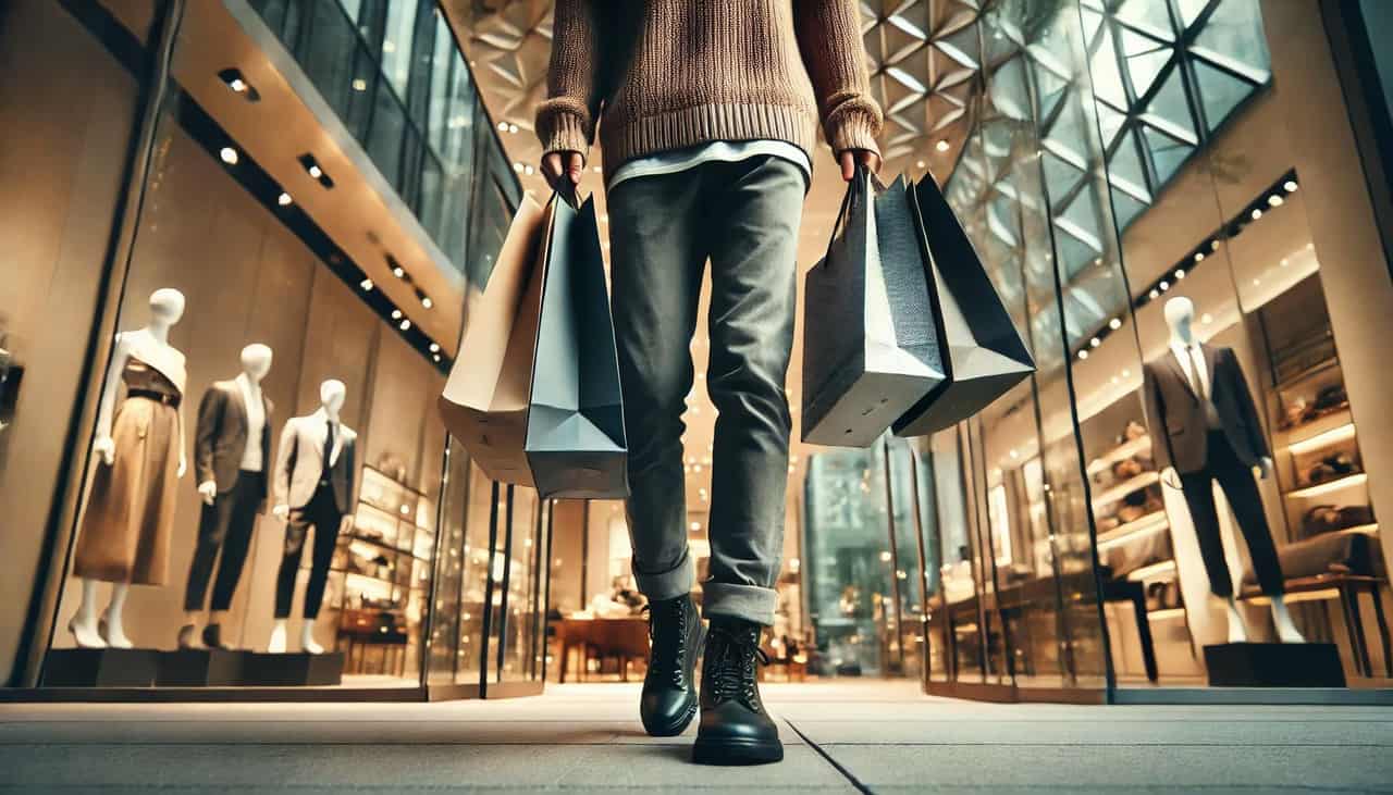 A person holding several bags from a retail store and walking 