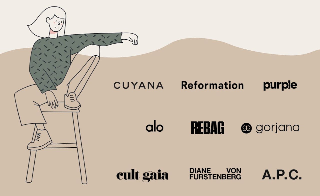 Illustrated person sitting on a stool and looking down on Endear customer logos like Reformation, alo yoga, and Rebag.