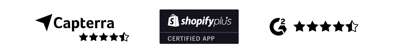 Endear 4.5 rating on Capterra, Shopify Plus Certified App badge, an 4.5 rating on G2