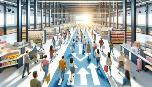 People walking through a large path in the middle of a retail store