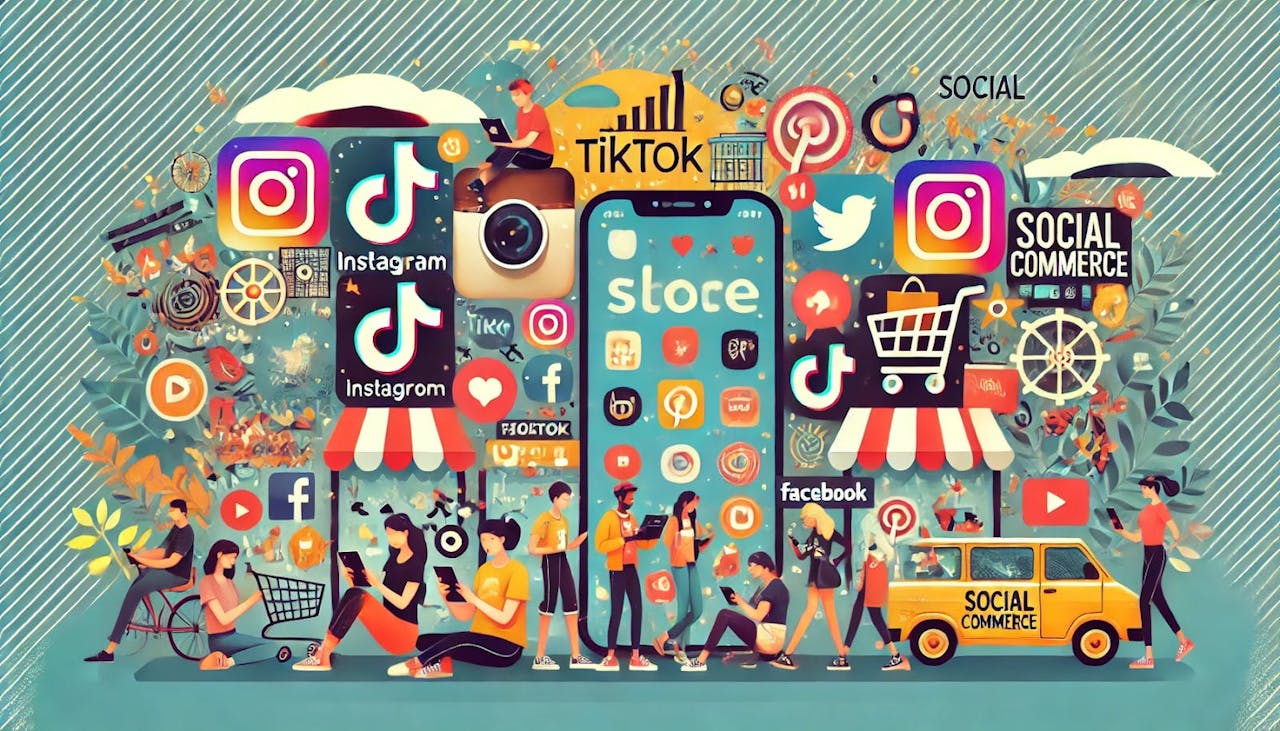 A crowded collection of social media icons next to people doing online shopping