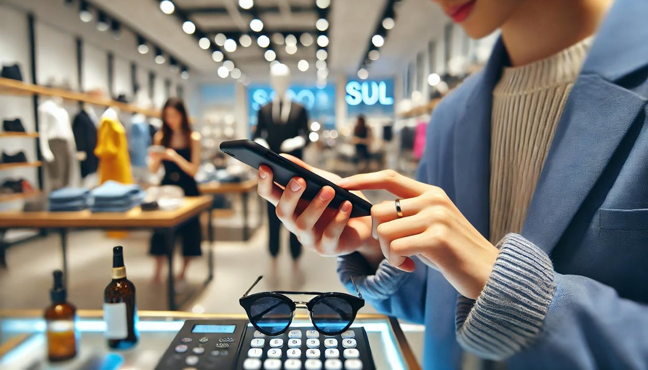 A store associate uses a phone to text clients