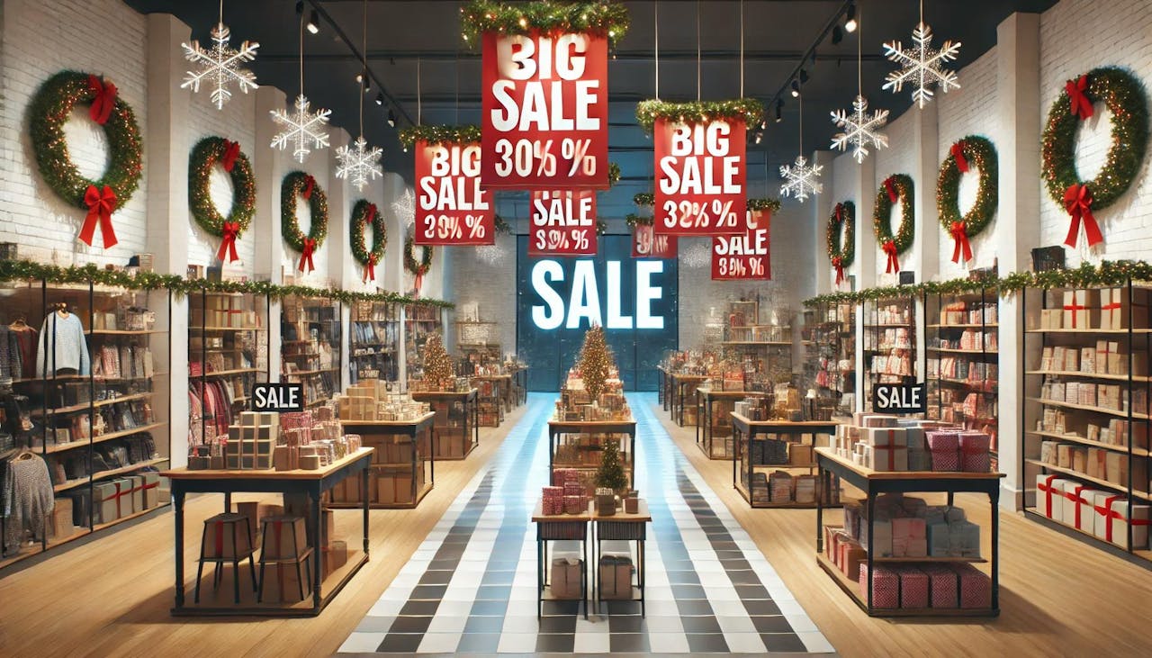 An empty retail store with a big holiday sale