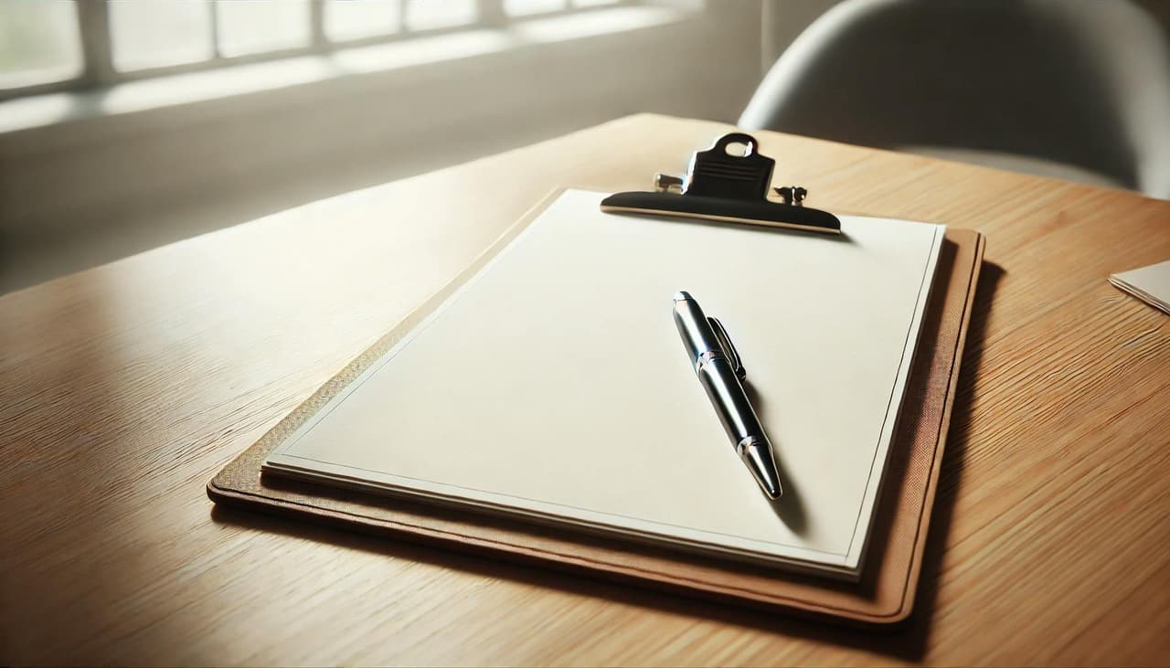 A clipboard and pen on a table