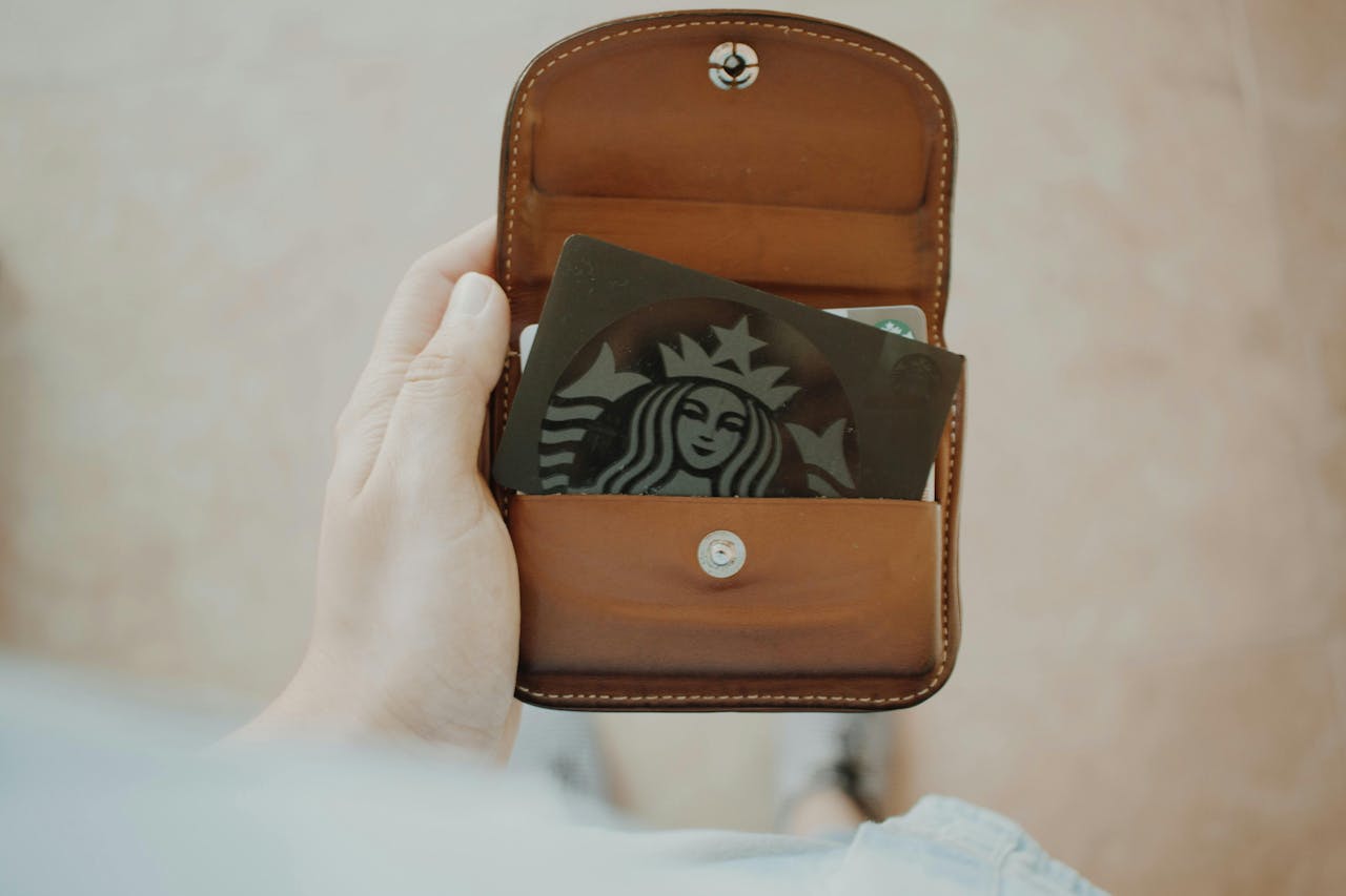 leather wallet with Starbucks card