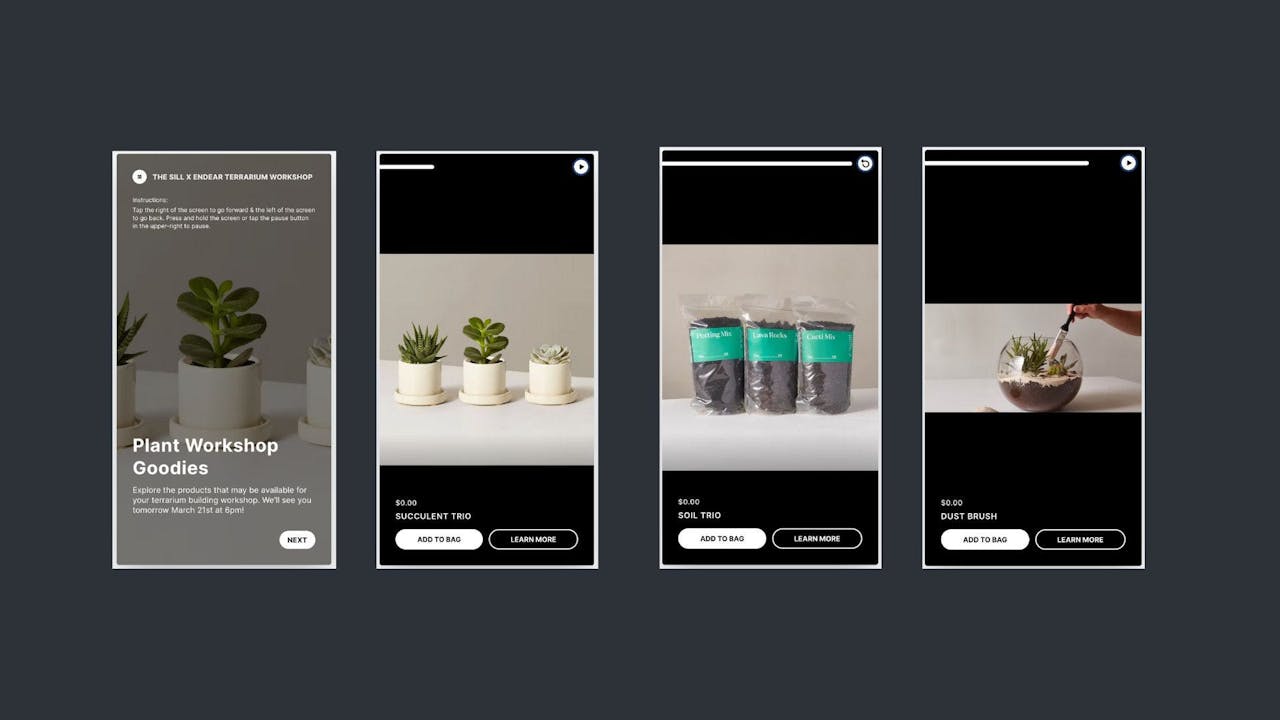 Four images of Shoppable Stories including plants in pots, dirt in bags, and a nearly finished terrarium.