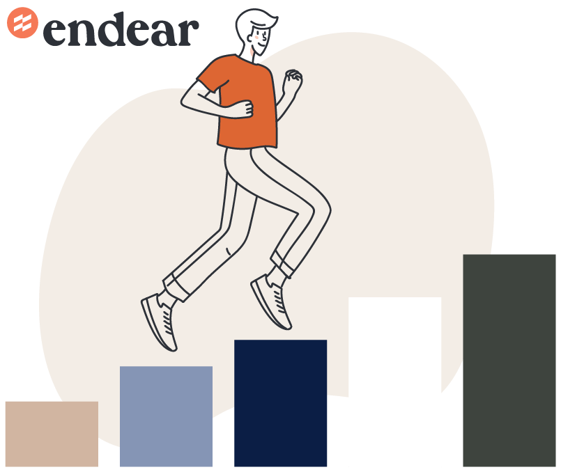 Illustrated person climbing 5 bar graphs with Endear logo