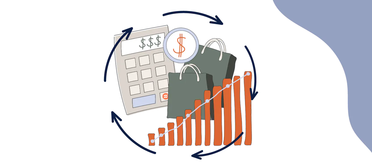 Illustration of a calculator, upward graph, and shopping bags with a dollar sign.