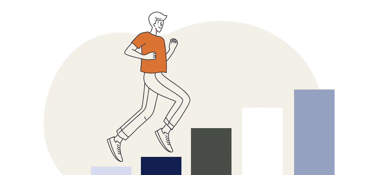 Illustrated person climbing 5 bar graphs with Endear logo.