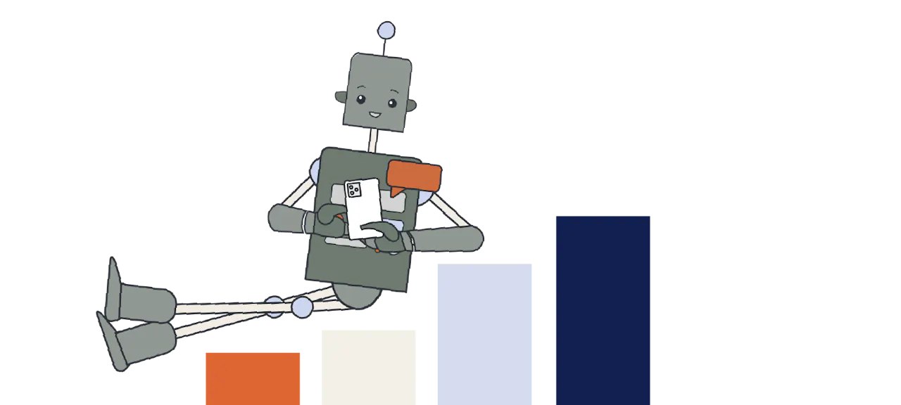 An illustrated robot texting and sitting on an upward bar graph.