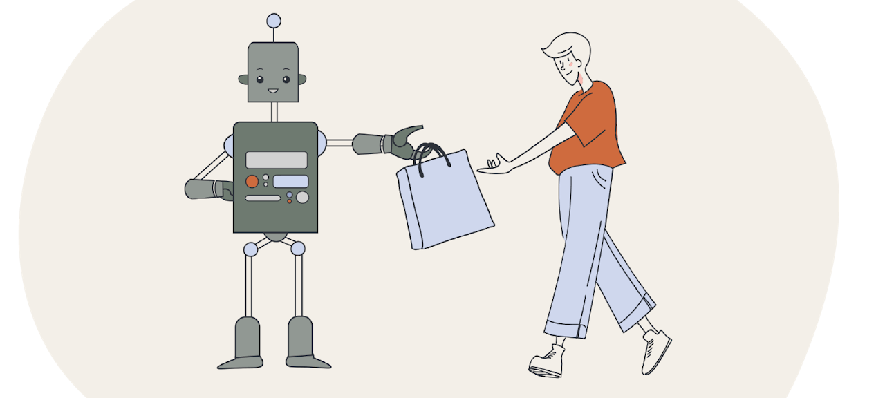 An illustration of a robot handing a shopping bag to a customer.