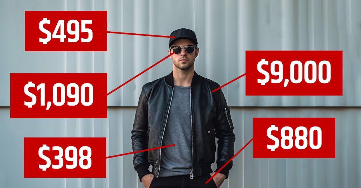 A man is standing with a hat, sunglasses, leather jacket, t-shirt, and dark black jeans. Attached to each article of clothing is a price tag between $398 and $9,000.