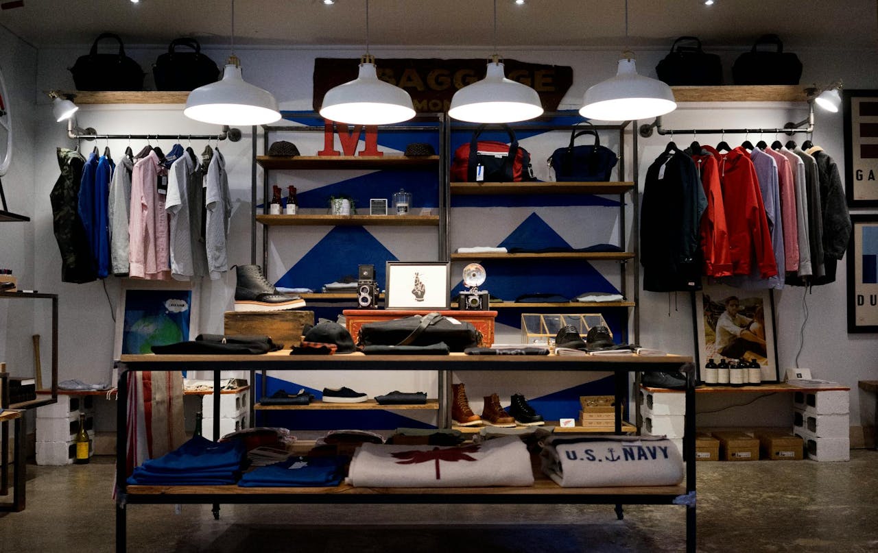Brick-and-mortar store with clothing on shelves and on the walls